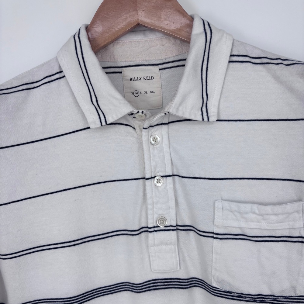 Billy Reid Polo Shirt Mens Medium White Navy Striped Cotton Pocket Cropped Fit